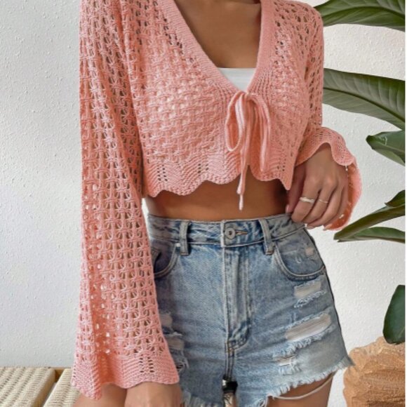 Pink Boho Crochet Knit Tie Front Cardigan Sweater Scallop Trim Cropped Top Small - Picture 2 of 16